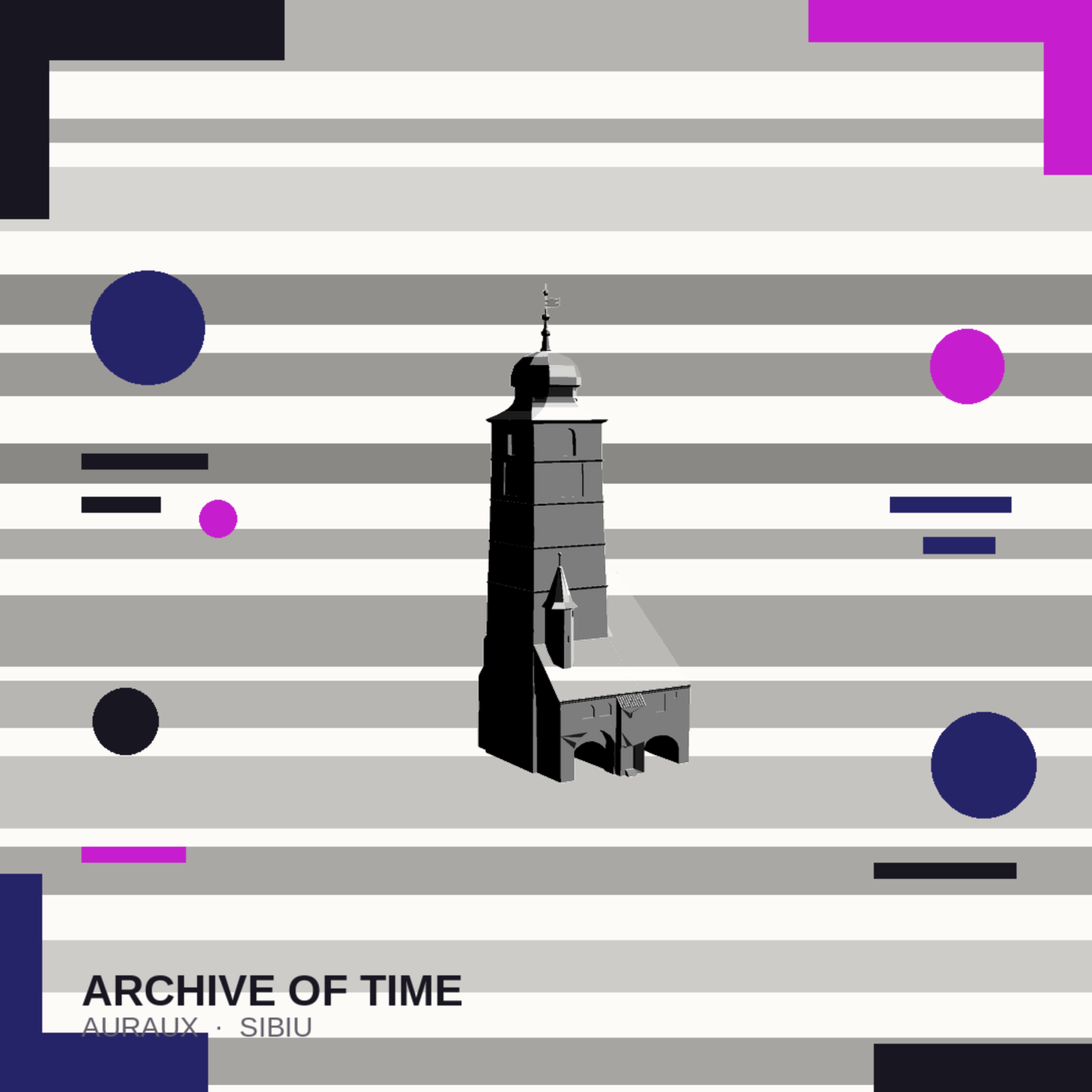 Imaginea folosită pentru image recognition în aplicația ARchive of Time: silueta Turnului Sfatului pe un fundal cu benzi și forme geometrice